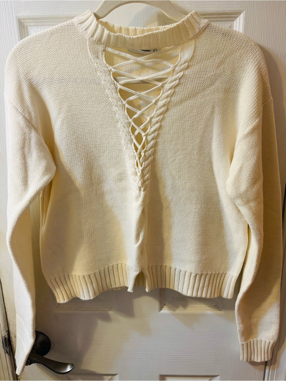 Bec & Bridge Cream Lace-Up V-Neck Knit Sweater